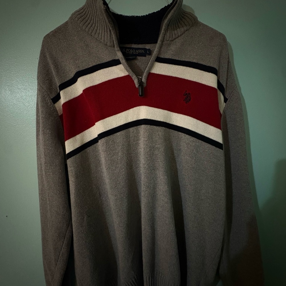 U.S. Polo Assn. Gray and Red Zip-Up Sweater